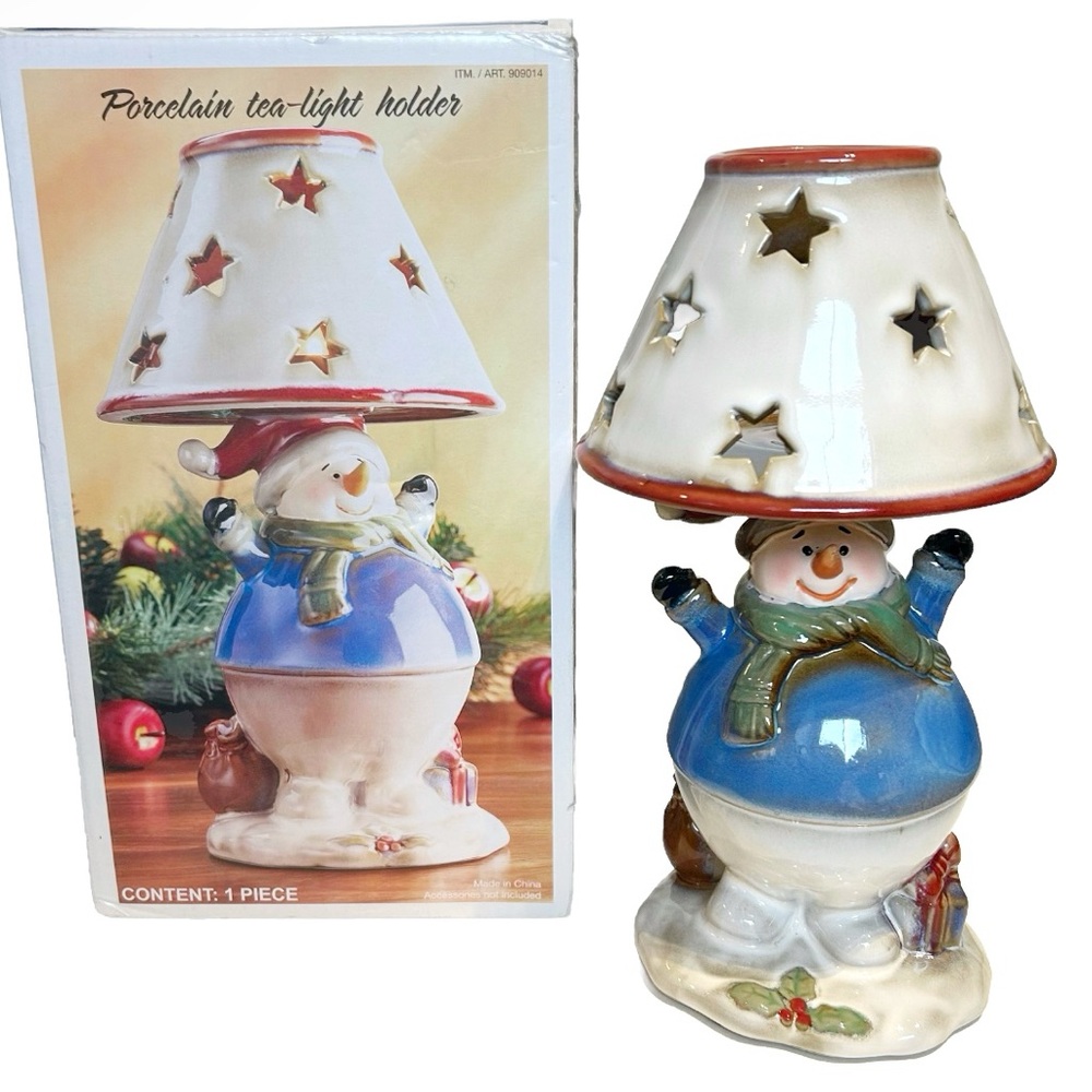 Handmade Porcelain Snowman Tea Light Candle Holder Lamp Winter Holiday Christmas